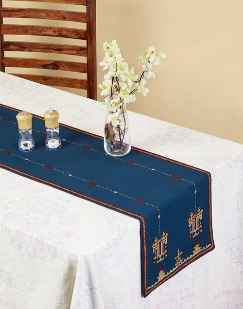 Blue Cotton Embroidered Runner Soof - Small
