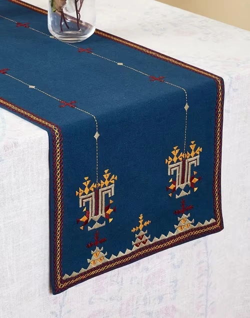 Blue Cotton Embroidered Runner Soof - Small