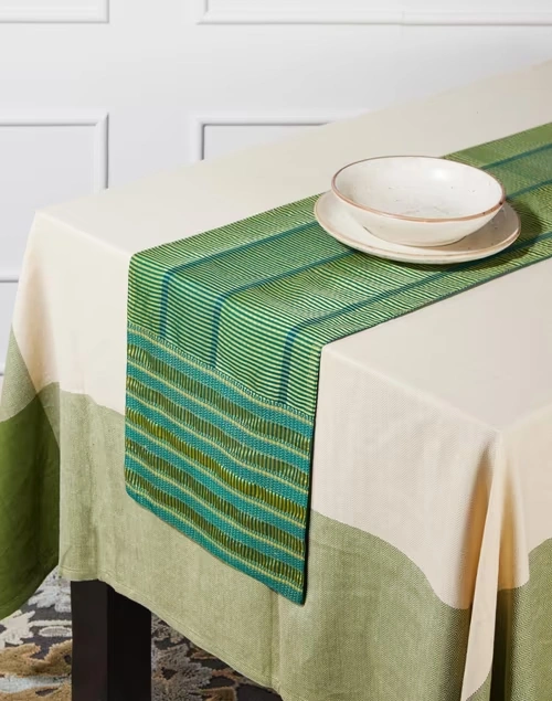 Green Cotton Silk Blend Woven Runner Deeva - Large