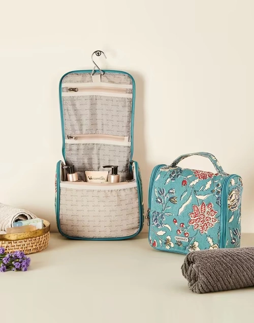 Teal Kanan Cotton Printed Toiletery Bag