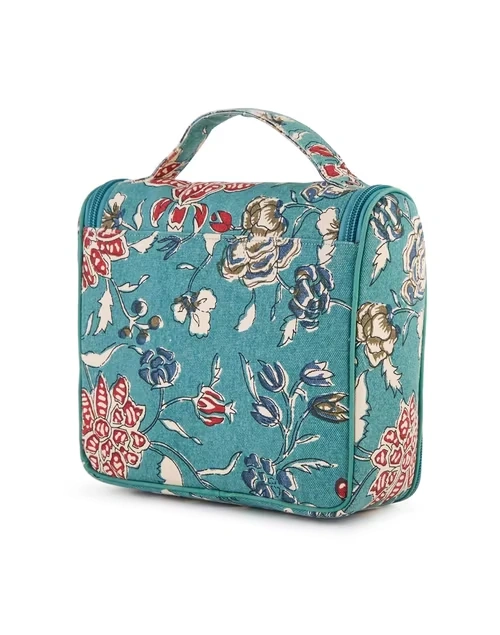 Teal Kanan Cotton Printed Toiletery Bag 4 Teal Kanan Cotton Printed Toiletery Bag
