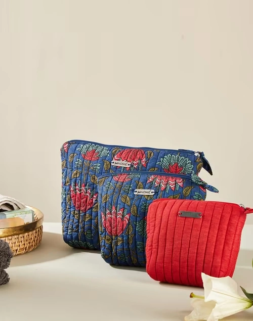 Blue Ina Kamal Cotton Toiletery Bag 3pc Set