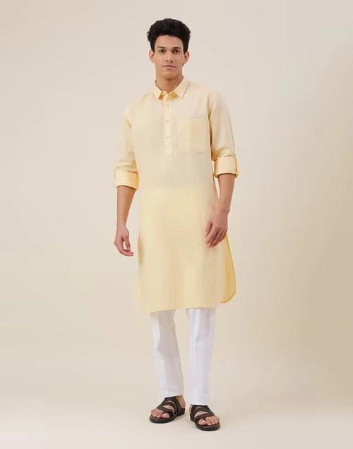 Yellow Linen Pathani Kurta Comfort Fit
