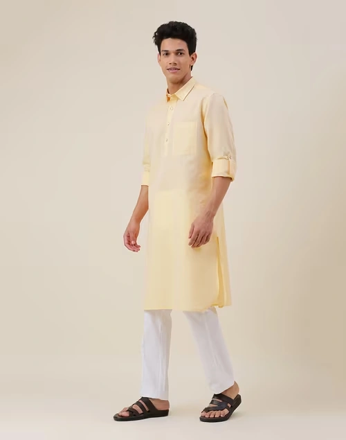 Yellow Linen Pathani Kurta Comfort Fit
