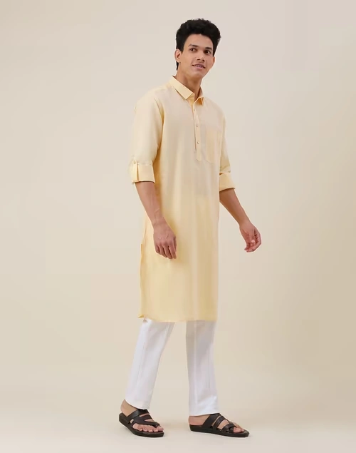 Yellow Linen Pathani Kurta Comfort Fit