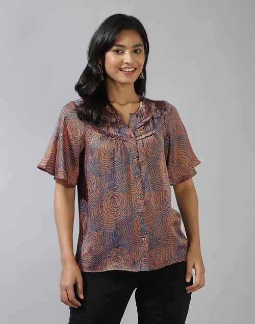 Blue Rayon Blend Hand Block Printed Top
