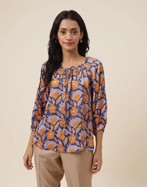 Blue Rayon Blend Hand Block Printed Top
