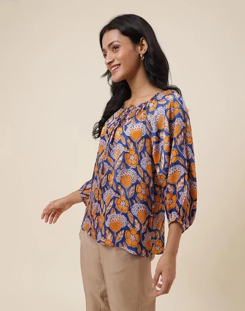 Blue Rayon Blend Hand Block Printed Top