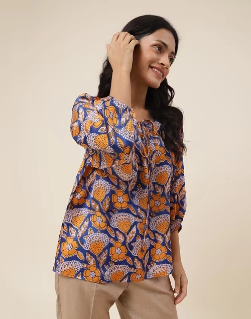 Blue Rayon Blend Hand Block Printed Top 3 Blue Rayon Blend Hand Block Printed Top