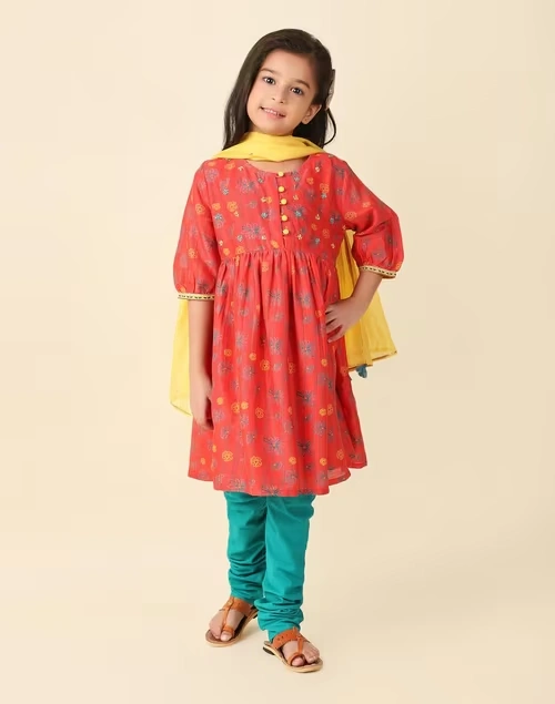 Orange Cotton Silk Printed 3Pc Churidar Set