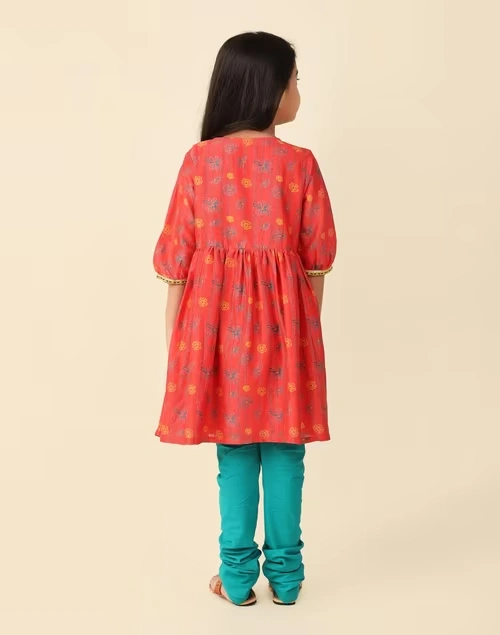 Orange Cotton Silk Printed 3Pc Churidar Set