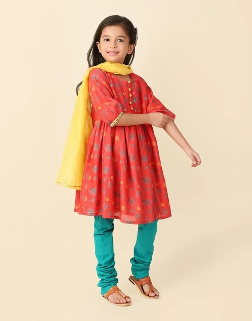 Orange Cotton Silk Printed 3Pc Churidar Set