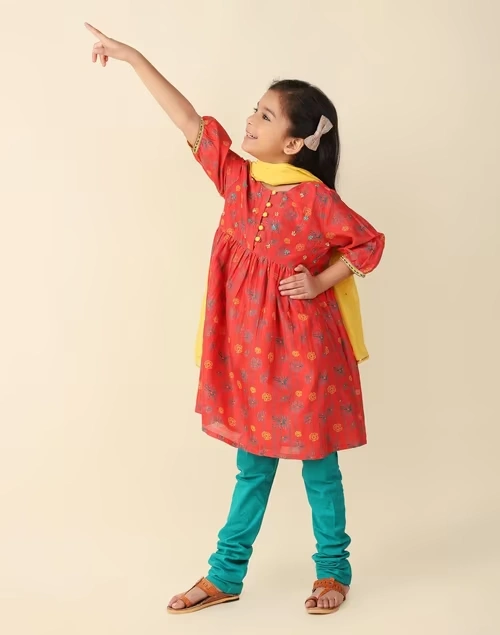 Orange Cotton Silk Printed 3Pc Churidar Set