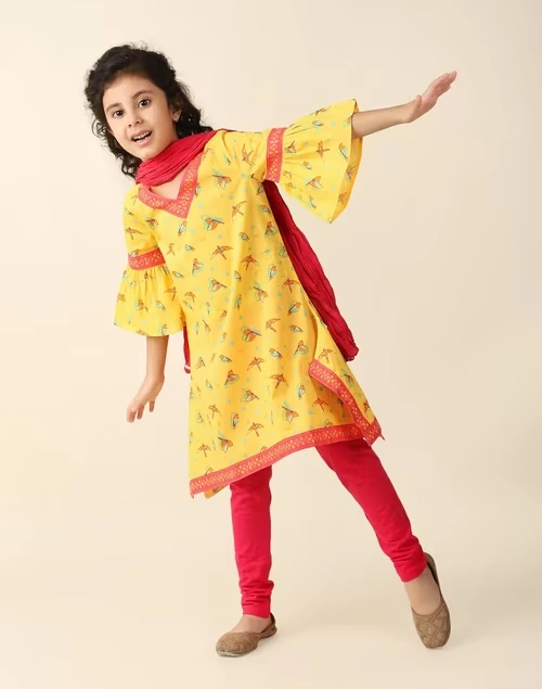 Yellow Cotton Printed 3Pc Churidar Set