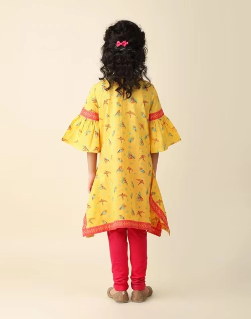 Yellow Cotton Printed 3Pc Churidar Set