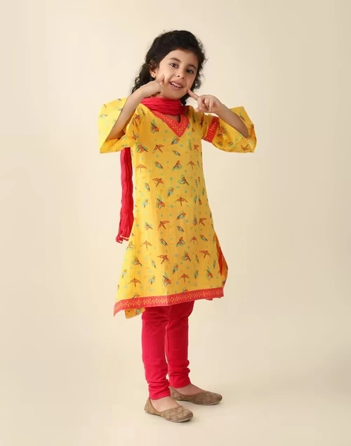Yellow Cotton Printed 3Pc Churidar Set 3 Yellow Cotton Printed 3Pc Churidar Set