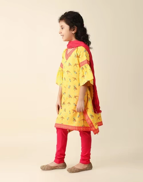 Yellow Cotton Printed 3Pc Churidar Set 4 Yellow Cotton Printed 3Pc Churidar Set