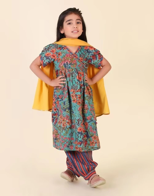 Teal Cotton Hand Block Printed 3Pc Salwar Set