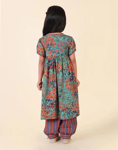 Teal Cotton Hand Block Printed 3Pc Salwar Set