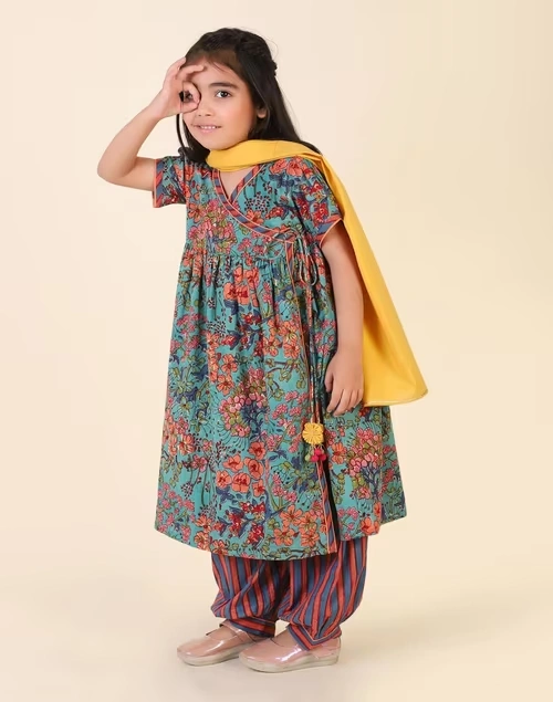 Teal Cotton Hand Block Printed 3Pc Salwar Set 3 Teal Cotton Hand Block Printed 3Pc Salwar Set