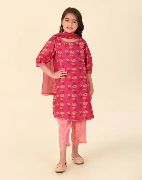 Pink Rayon Blend Printed 3Pc Salwar Set