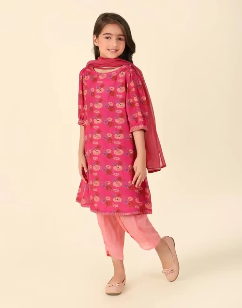 Pink Rayon Blend Printed 3Pc Salwar Set