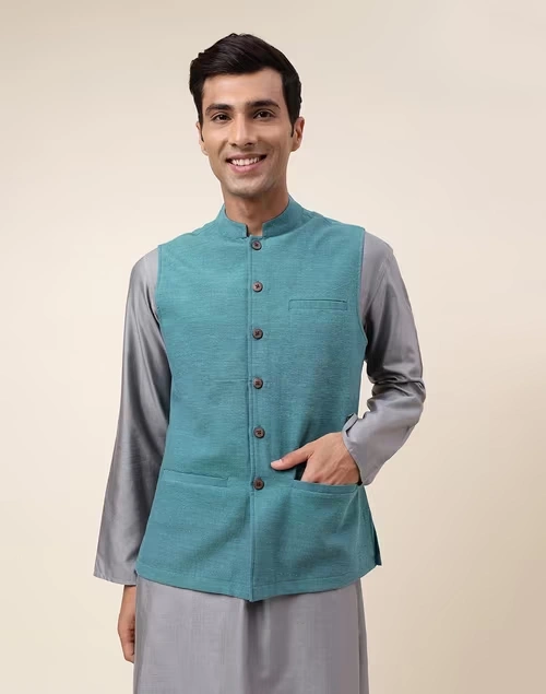 Blue Cotton Hand Woven Nehru Jacket