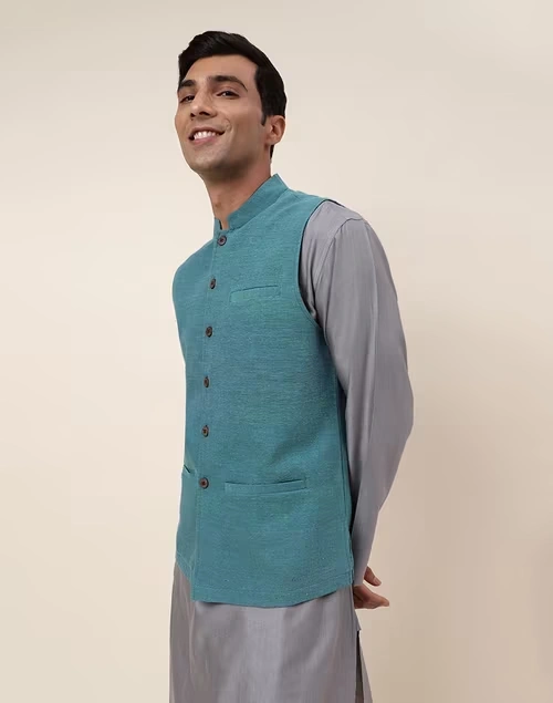 Blue Cotton Hand Woven Nehru Jacket