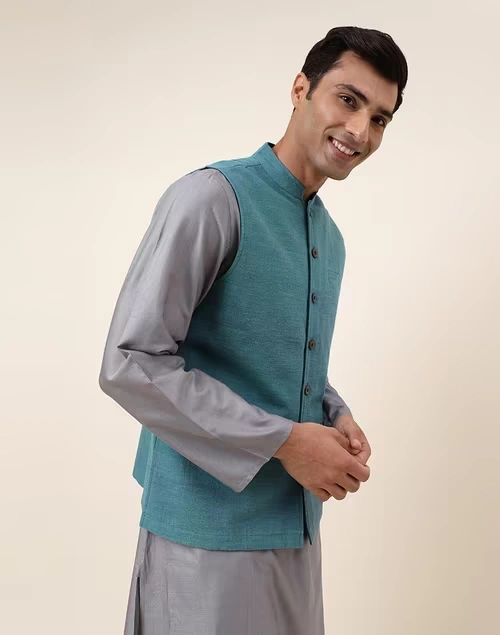 Blue Cotton Hand Woven Nehru Jacket 3 Blue Cotton Hand Woven Nehru Jacket