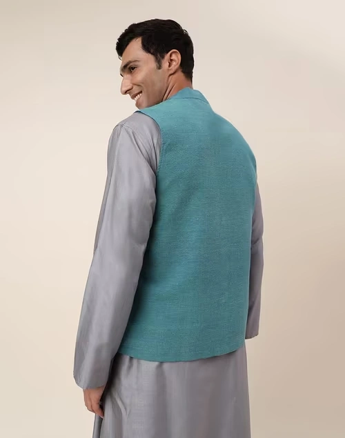 Blue Cotton Hand Woven Nehru Jacket 4 Blue Cotton Hand Woven Nehru Jacket