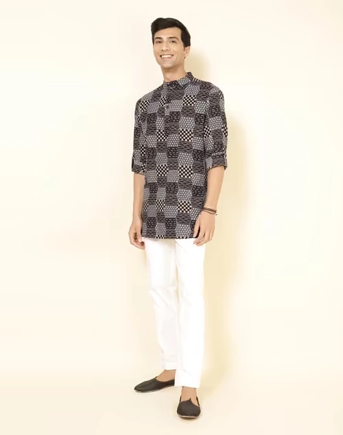 Black Cotton Ajrakh Printed Slim Fit Short Kurta