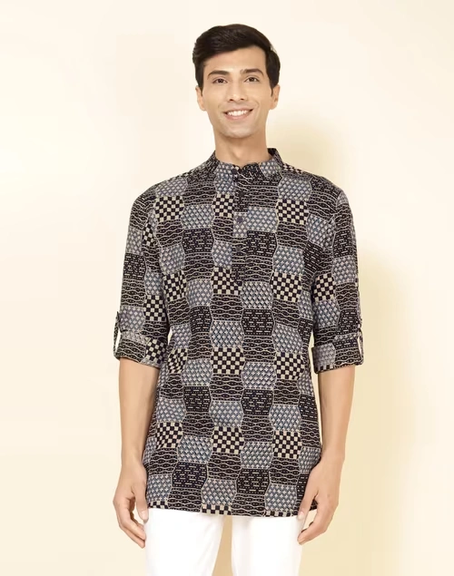 Black Cotton Ajrakh Printed Slim Fit Short Kurta