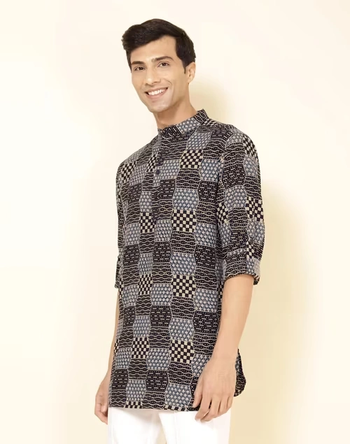 Black Cotton Ajrakh Printed Slim Fit Short Kurta 3 Black Cotton Ajrakh Printed Slim Fit Short Kurta